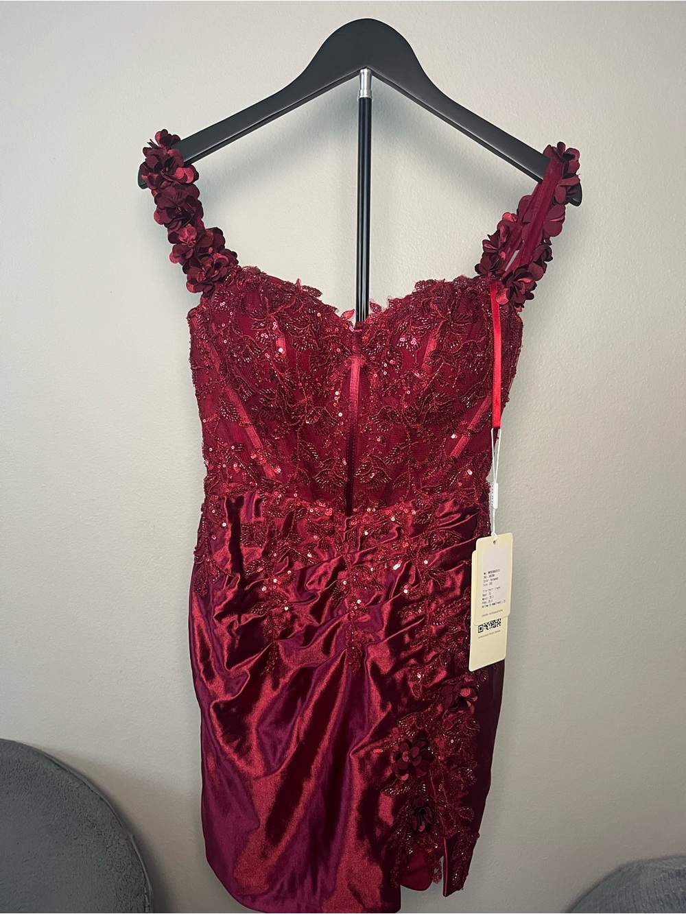 Strapless Burgundy Floral Embellished Cocktail Dress